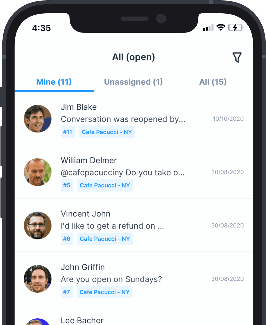 Mobile app interface showing conversations list