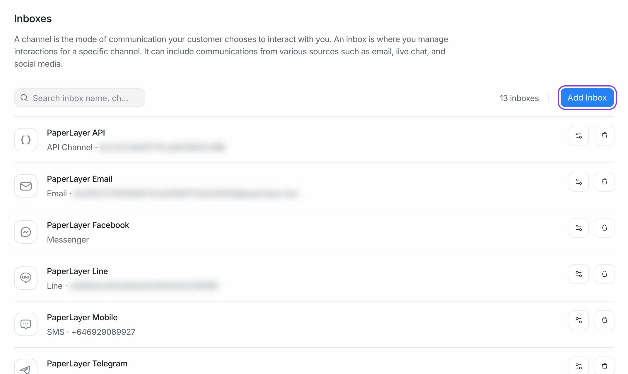 The Inboxes page in settings with the Add Inbox button highlighted