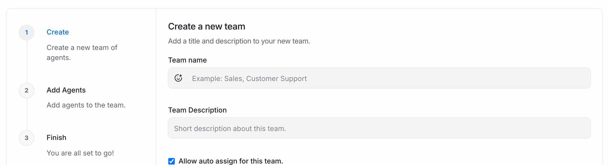 The Create a new team form with Team name, Team Description and Allow auto assign for this team