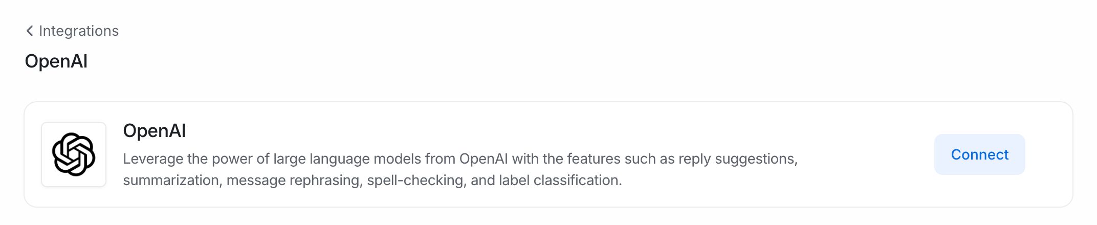 The OpenAI integration page in EngageOne settings