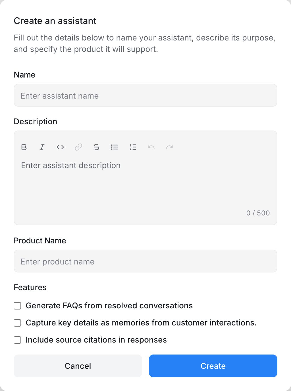 The Create an assistant dialog with Name, Description, Product Name and Features