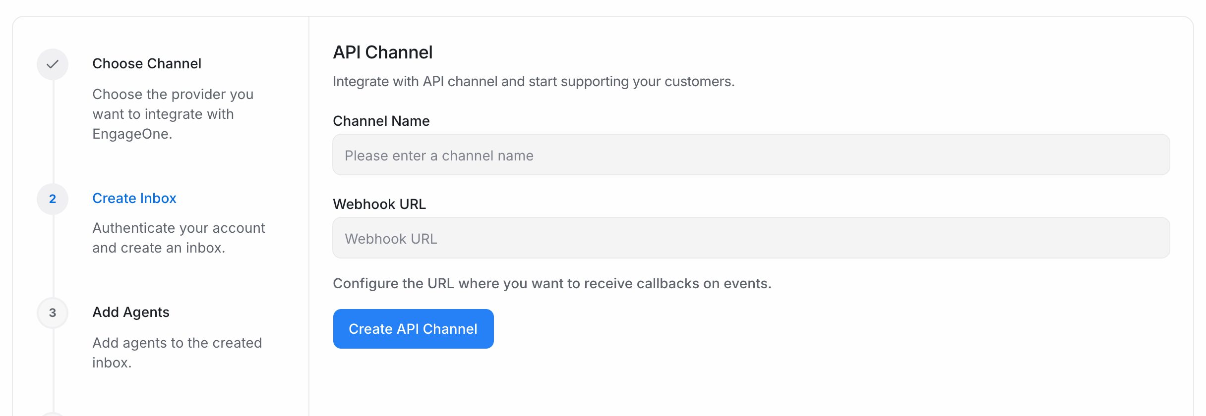 The API channel form with Channel Name and Webhook URL