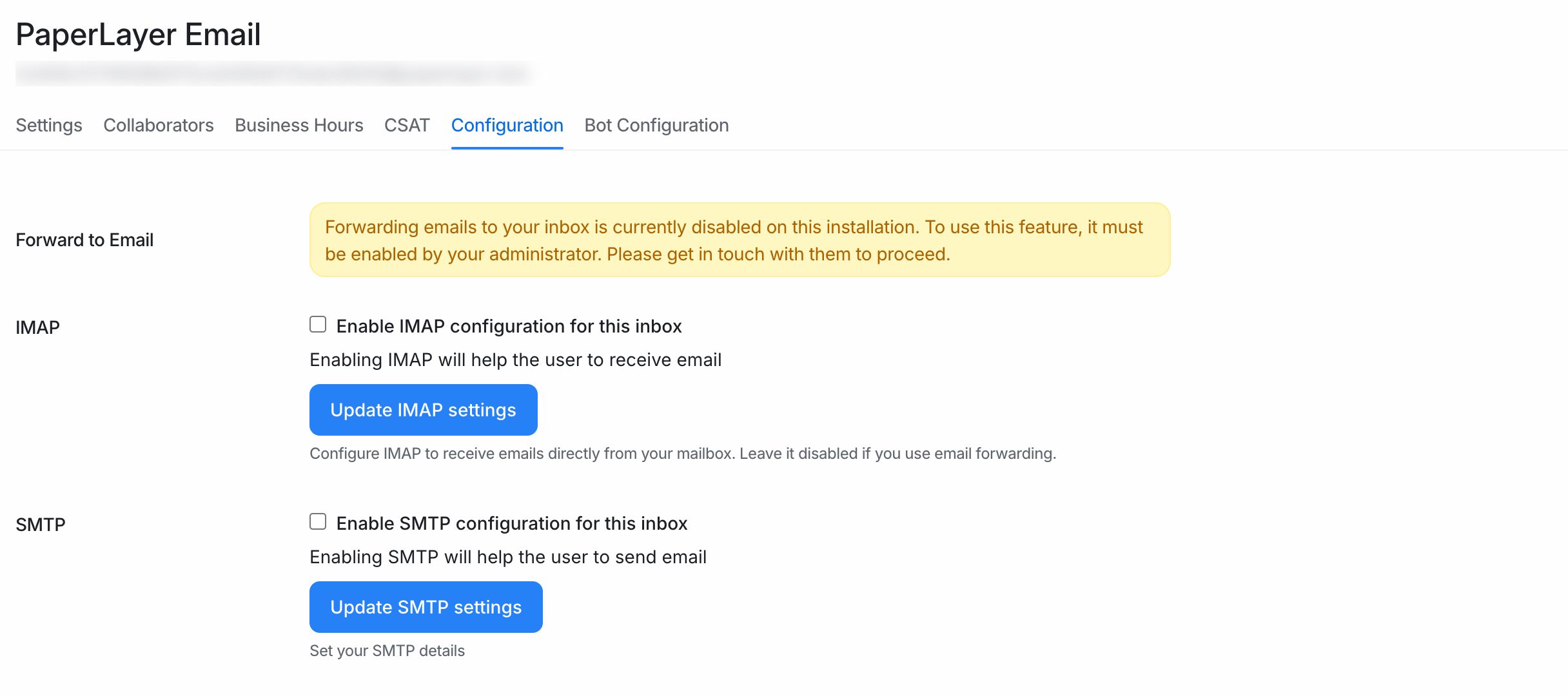 The Configuration tab of an email inbox with the IMAP and SMTP settings
