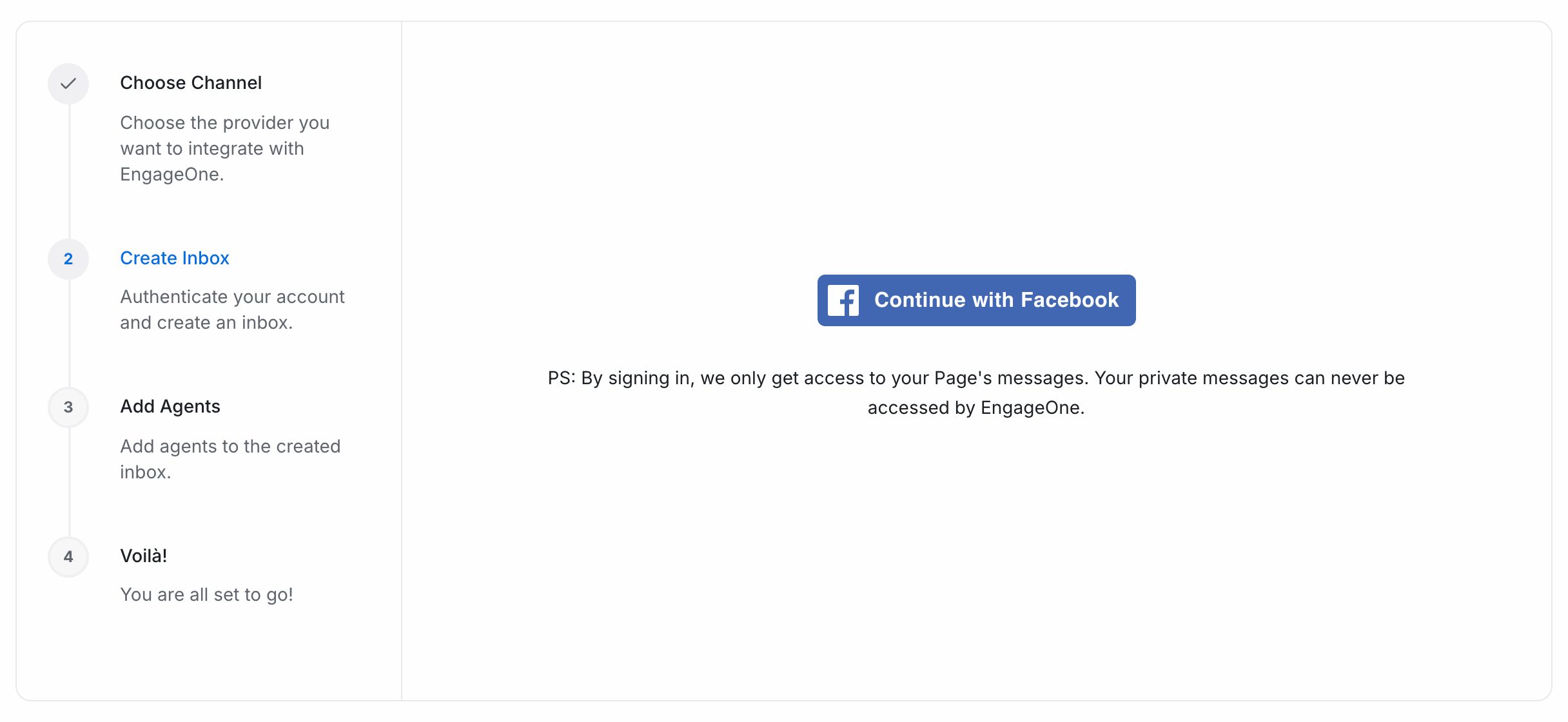The Facebook channel step with the Continue with Facebook button