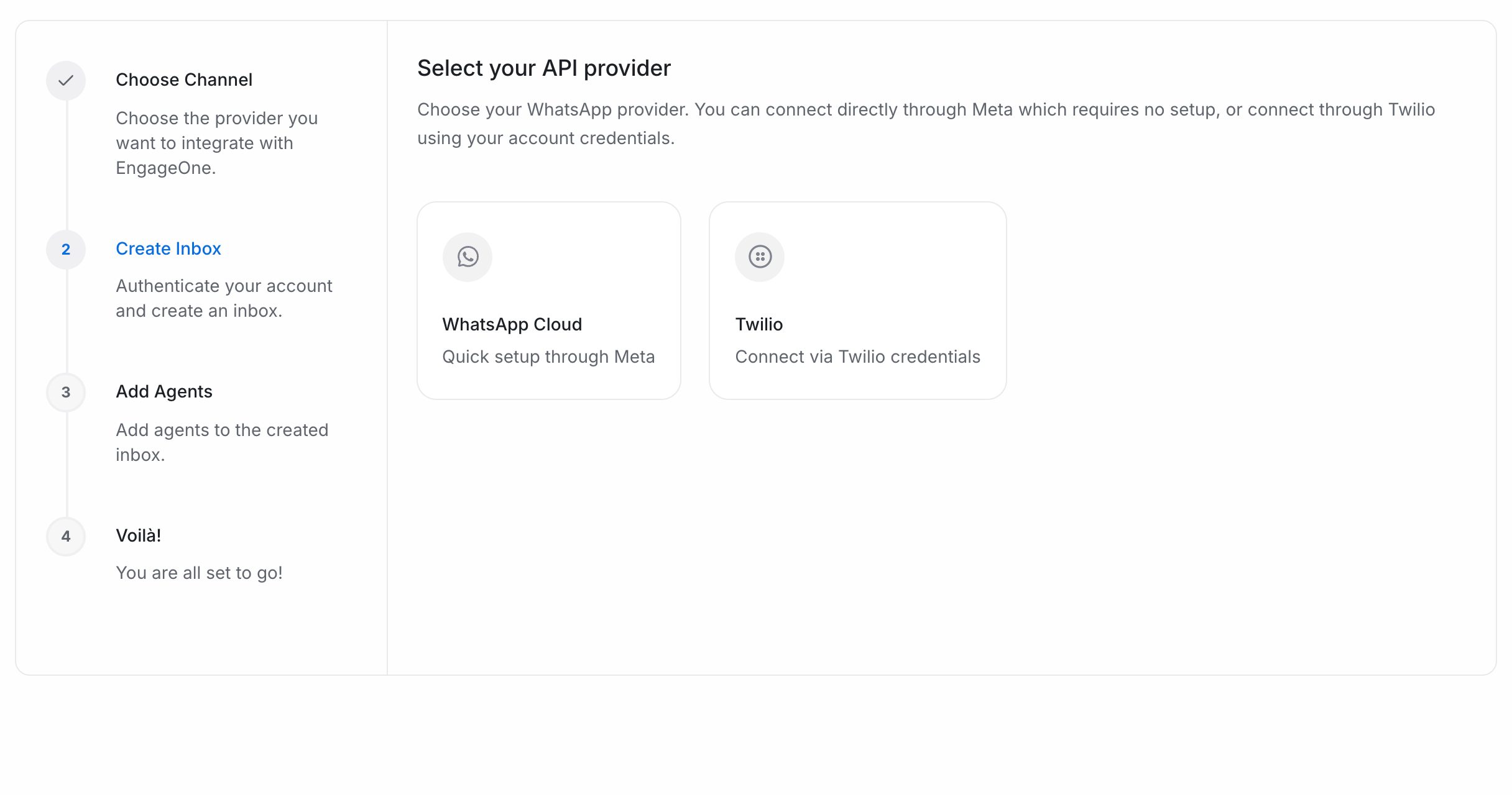 The WhatsApp provider step with the WhatsApp Cloud and Twilio options