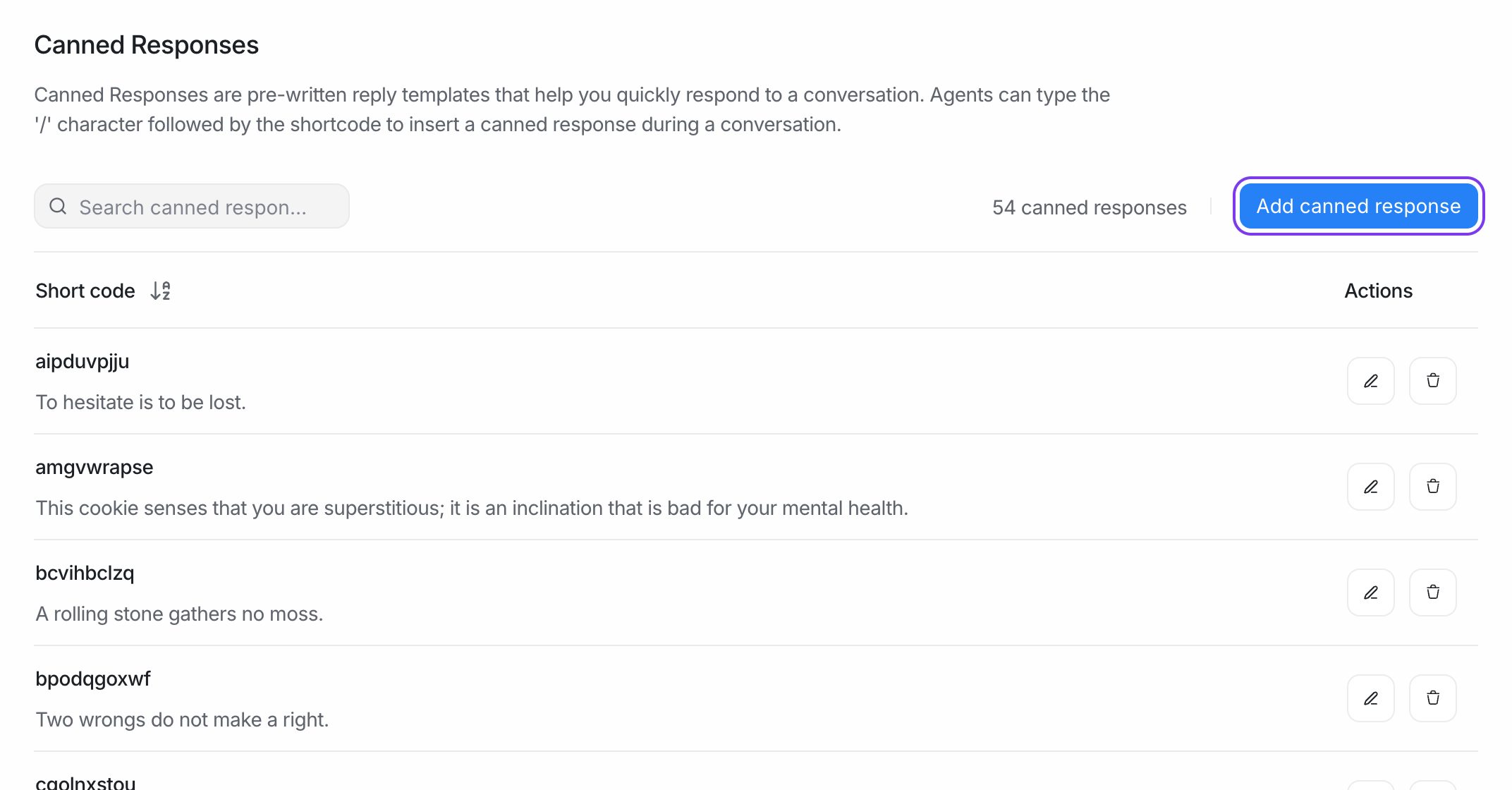 The Canned Responses page with the Add canned response button highlighted