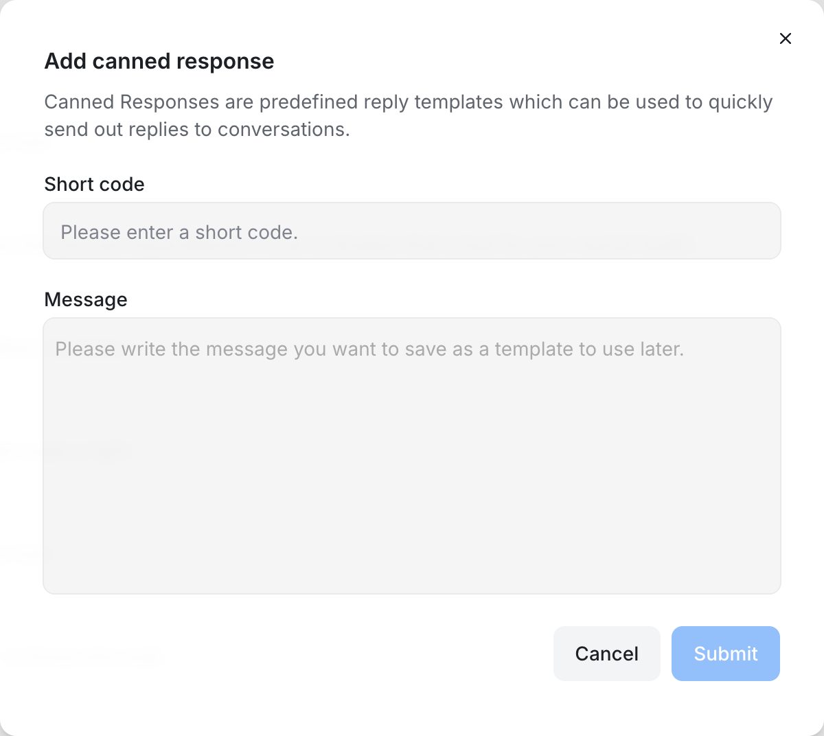 The Add canned response dialog with Short code and Message fields