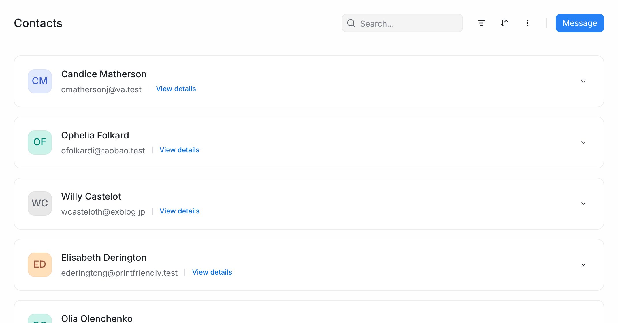 The Contacts list in EngageOne