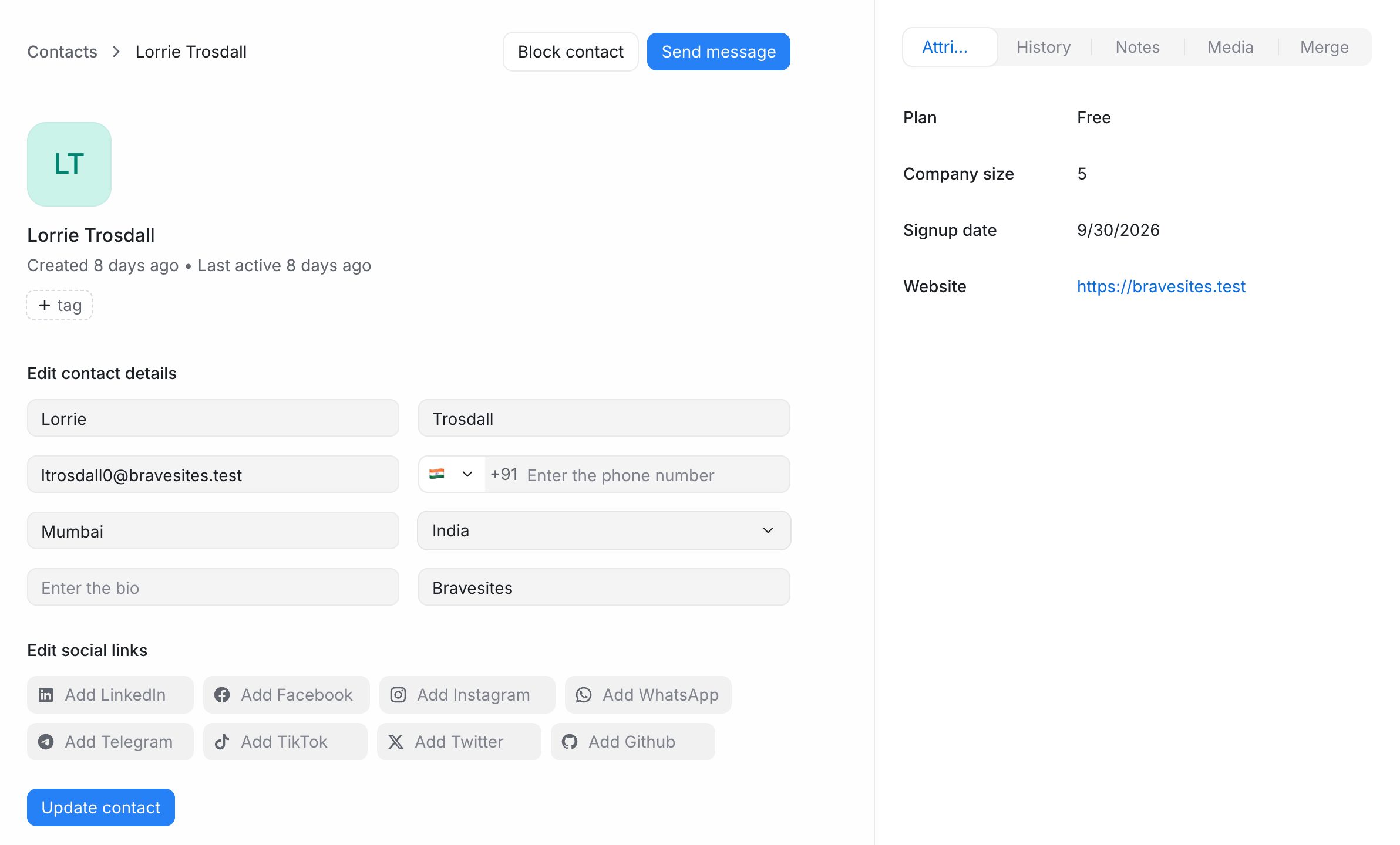 A contact's profile with editable details and the Attributes, History, Notes, Media and Merge tabs