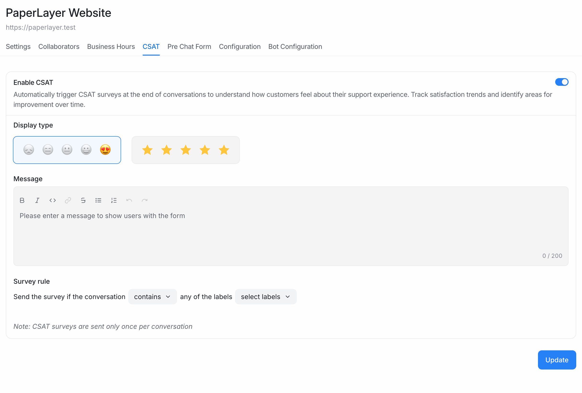 The CSAT tab of a website inbox with display type, message and survey rule
