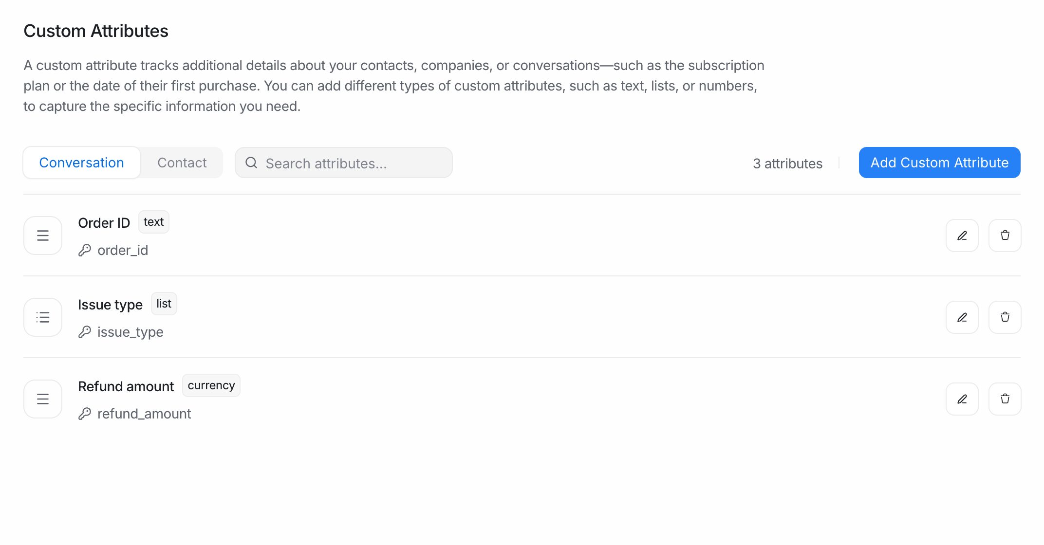 The Custom Attributes page with Conversation and Contact tabs