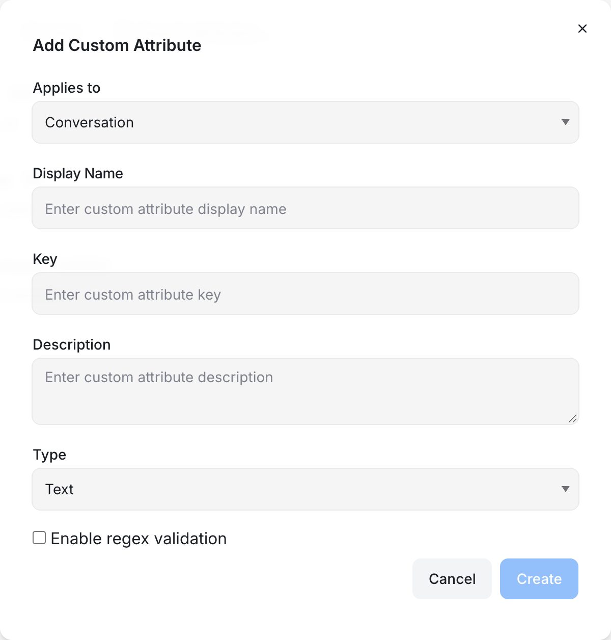 The Add Custom Attribute dialog with Applies to, Display Name, Key, Description and Type