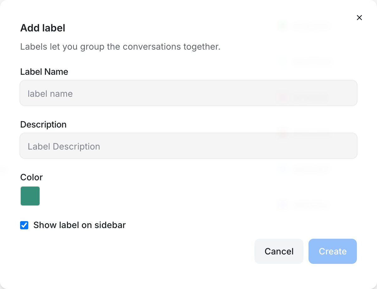 The Add label dialog with Label Name, Description, Color and Show label on sidebar
