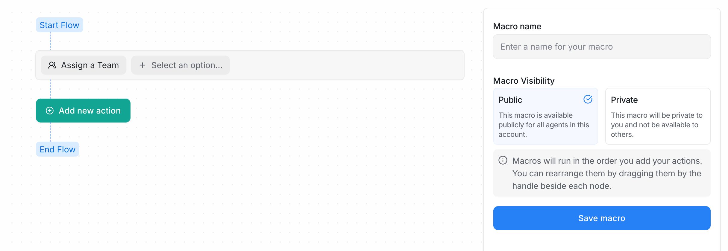 The macro editor with an action, the Macro name field and Macro Visibility options