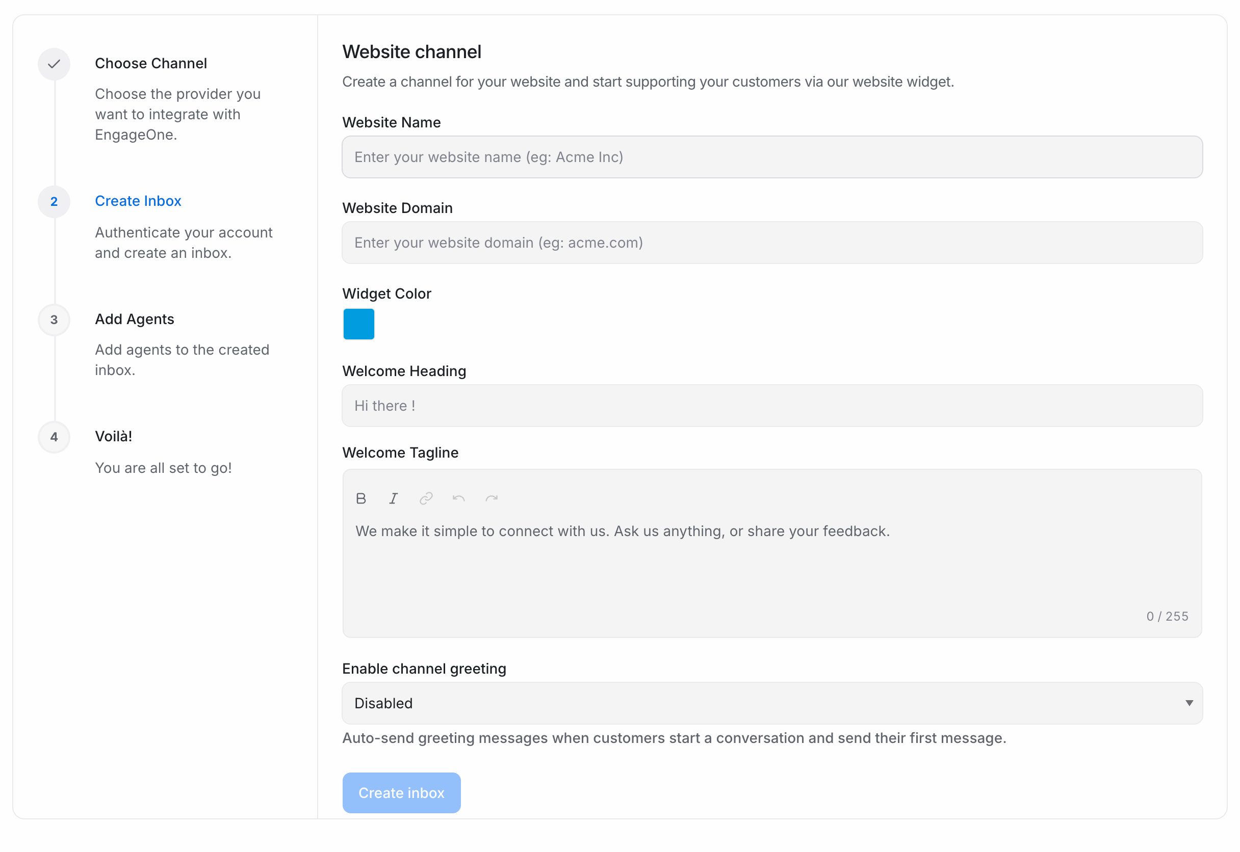 The Website channel form with Website Name, Website Domain, Widget Color and welcome text fields