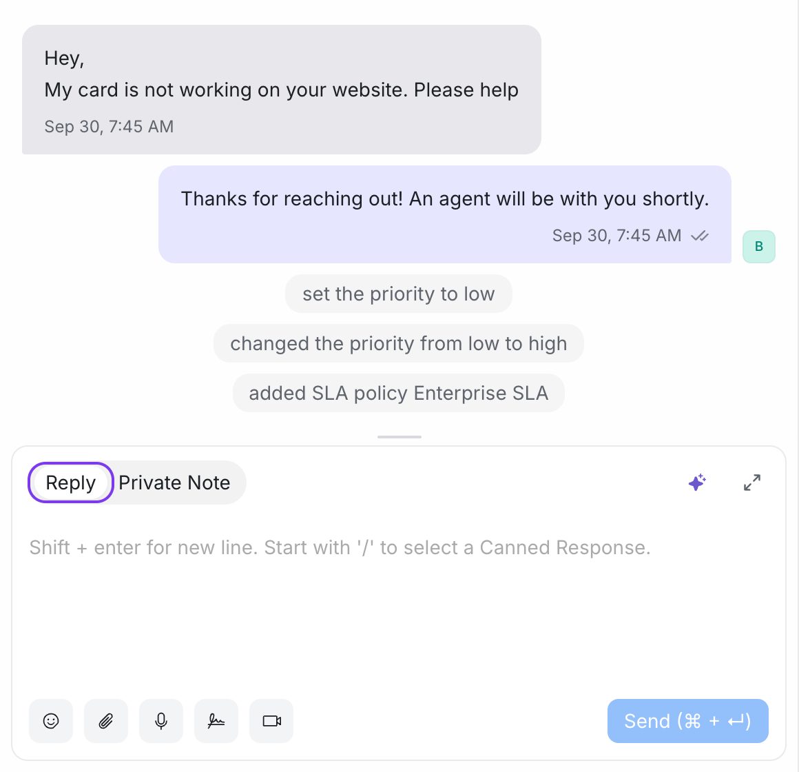 The reply box at the bottom of a conversation with the Reply tab selected