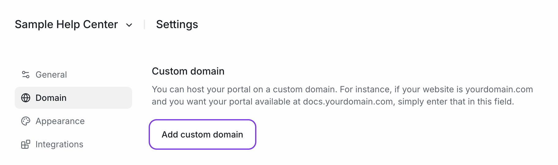 The Domain tab of Help Center settings with Add custom domain highlighted