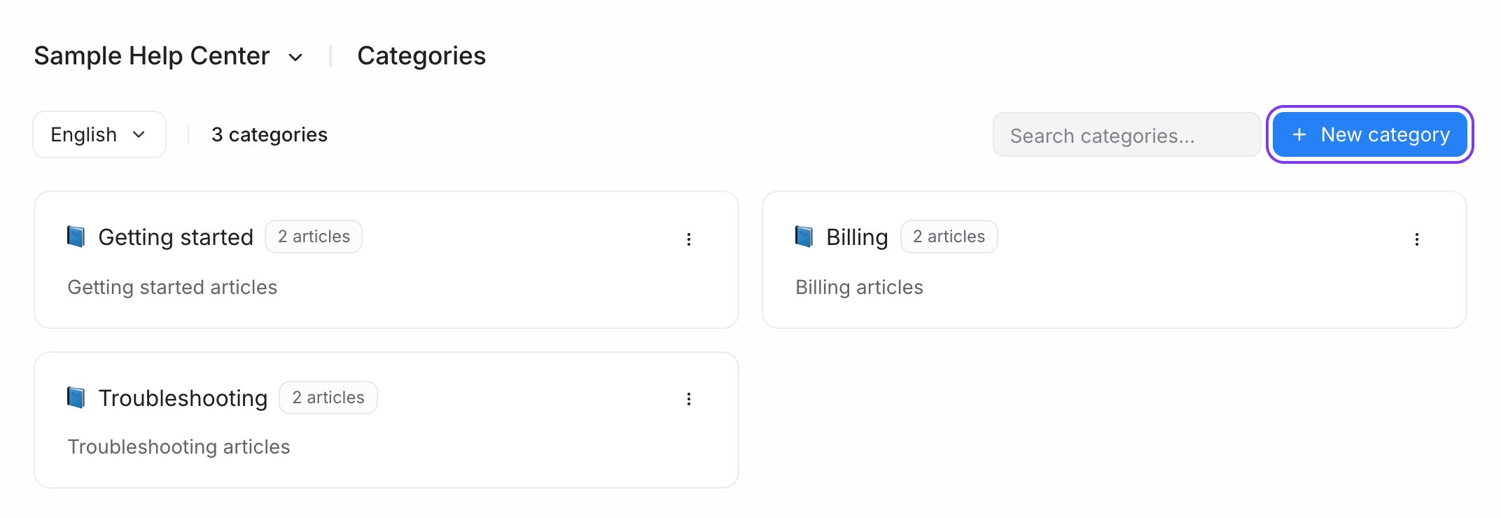 The Categories page with the New category button highlighted