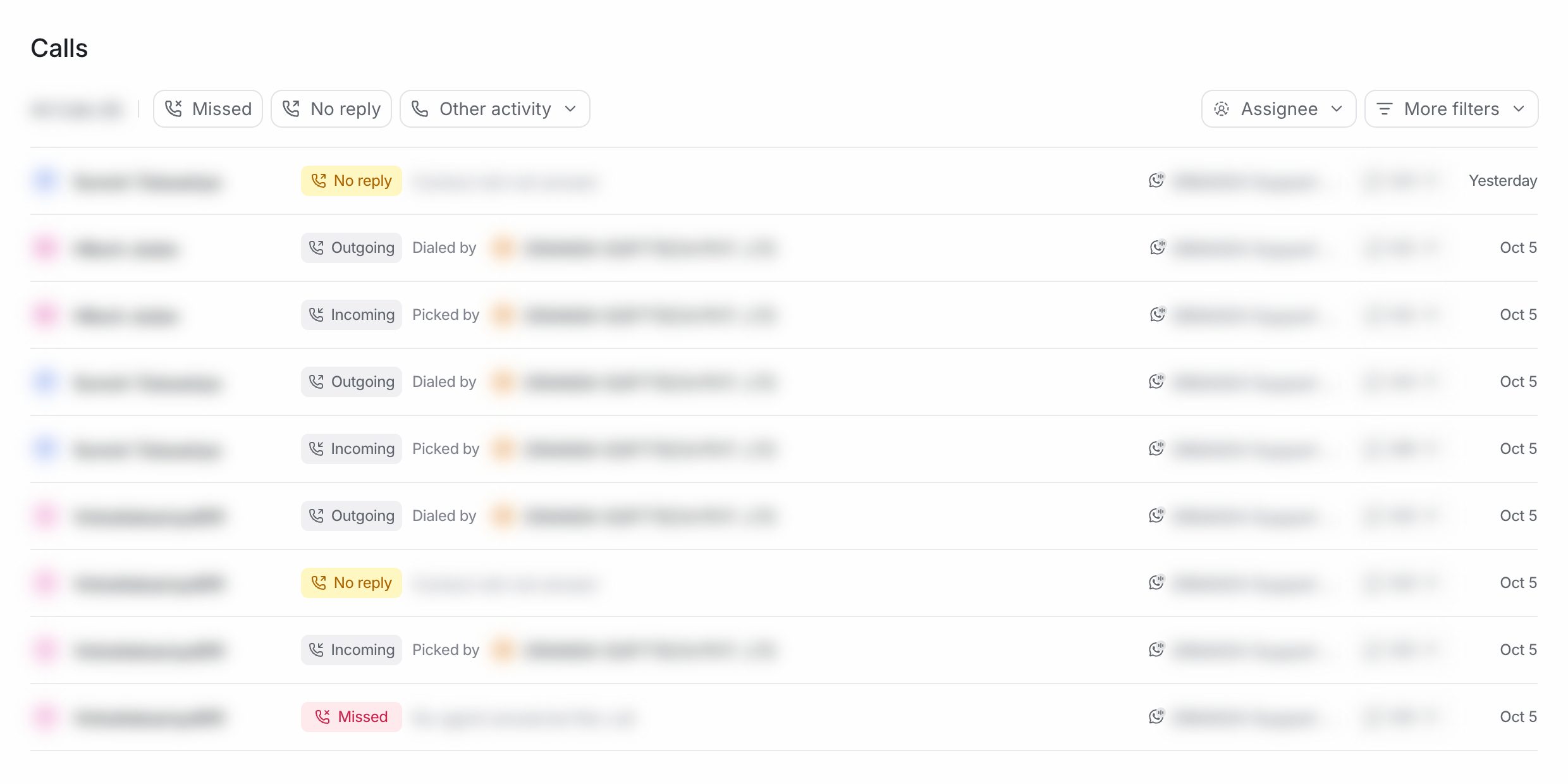 The Calls page with the Missed, No reply and Other activity filters, Assignee and More filters, and a list of incoming, outgoing and missed calls