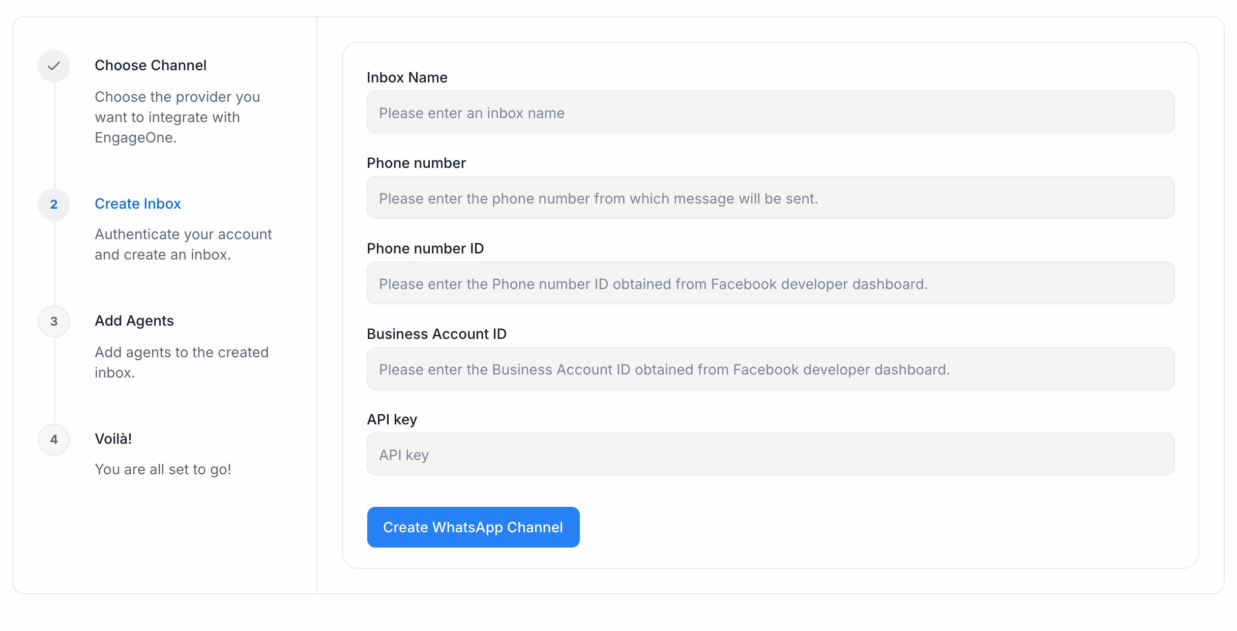 The WhatsApp Call channel form with phone number, phone number ID, business account ID and API key
