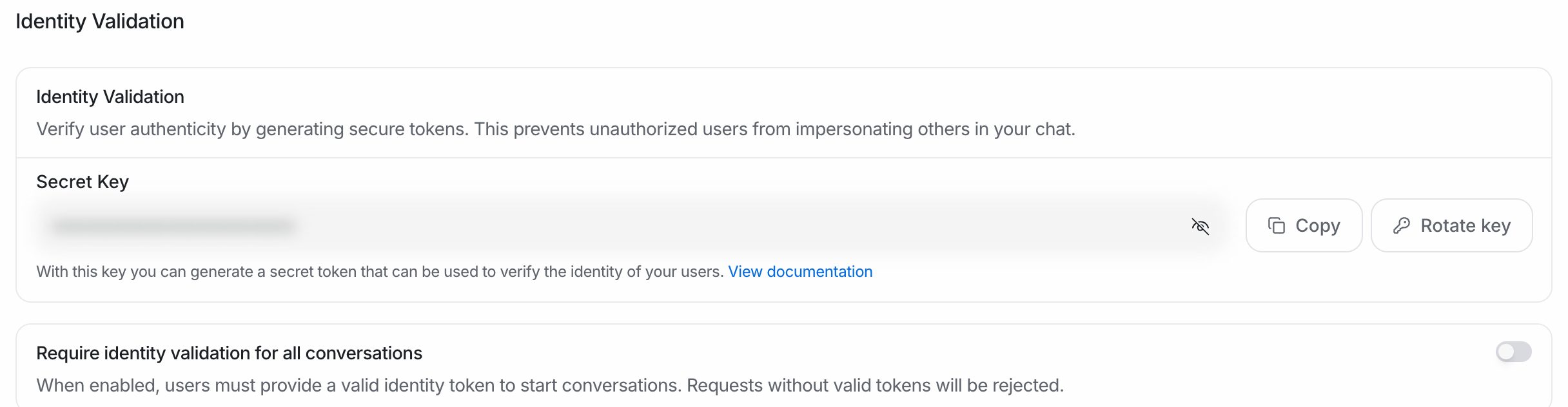 The Identity Validation section of the Configuration tab, with the secret key hidden