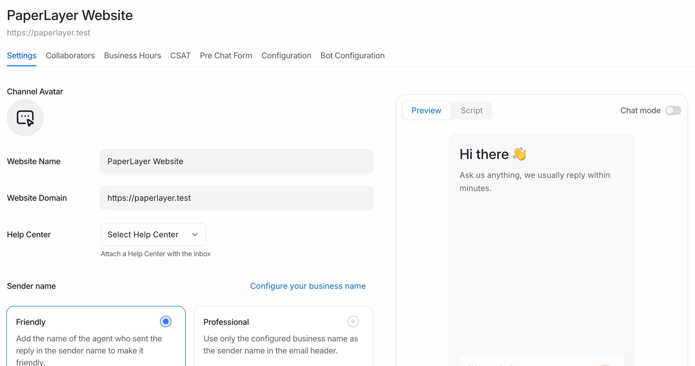 Website inbox settings with the tabs along the top and a live widget preview